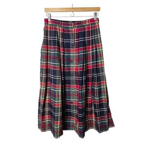 Vintage Plaid Midi Skirt Size 10 Red Green Pleated Button Front Cotton Academia
